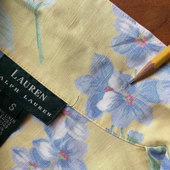 Lauren Ralph Lauren Butter Yellow Tropical Floral Linen Short Sleeve Shirt - Picture 8 of 11